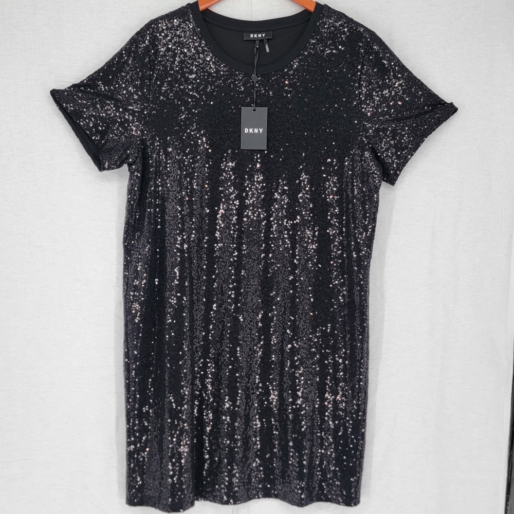 DKNY Womens Black Sequin Short Sleeve Crew Neck Shift Mini Dress XL NEW - Picture 1 of 8